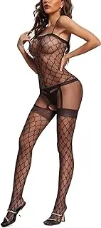 [Tender Whisper] Women's Mesh Jumpsuit See-throught Sexy Sling Bodysuit Crotchless One Piece Bodystocking