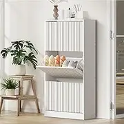 Oikiture Shoe Rack Storage Cabinet 3 Compartments White
