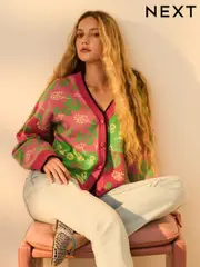 Pink Green Abstract Pattern Knitted Colourful Cardigan (AG0931) | $88