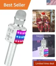 Bluetooth Wireless Karaoke Microphone with LED Lights,4-in-1 Portable Handhel...