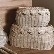 CAALMA Scalloped Basket - Set of 2 Rattan Basket - Wicker Storage Basket with Lid - Decorative Small scalloped baskets - Woven Baskets with Lids - Round Wicker Baskets for Nursery - Scallop Basket