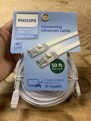 Philips Cat6 Ethernet Cable, 50 ft. Flat 10Gbps Speed Streaming Ethernet - White