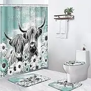 Bribay 4 Piece Shower Curtain Set, Buffalo Bull Farm Daisy Waterproof Bathroom Set Accessories with Non-Slip Rugs, Toilet Lid Cover Bath Mat and 12 Hooks, Highland Cow Animal Home Decor 72" x 72"