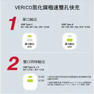 VERICO 30W GaN 氮化鎵 PD雙孔充電器-(智能快充/1A1C/支援iPhone15)