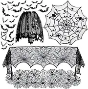 5pack Halloween Decorations Tablecloth Runner Black Lace Round Spider Cobweb Table Cover Fireplace Mantel Scarf Spiderweb Fireplace Scarf Spider Lampshade with 36pcs Scary 3D Bat for Halloween Party