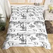 Western Cowboy Duvet Cover Set Queen Size,Vintage Southwest Style Bedding Set Desert Cactus Cow Horse Animals Comforter Cover for Kids Boys Girls Adult Room Decor,Sketch Black White Quilt Cover 3Pcs