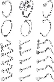 [LOCCY] 21 Pieces 20G Nose Piercing, 316L Stainless Steel Nose Ring, Nose Stud, Silver/Gold Screw/Straight/L-Shape Nose Piercing with Cubic Zirconia, Nostril Piercing Jewellery for Women and Men