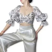 NWT ZIMMERMANN Bird Tolie Print Balloon-Sleeve Pleated Cropped Top Size 0