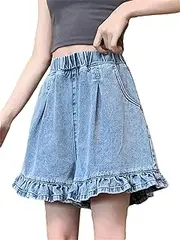 [Jegsnoe] Women Denim Shorts Summer Fashion Ruffles Elastic Waist Jeans Shorts