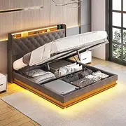 Levede Queen Bed Frame,Fabric Upholstered Bed Base with Gas Lift Storage, RGB LED Lights, USB Charging,Headboard,Under Bed Storage Space, Easy Assembly, Bedroom Furniture