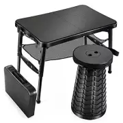 Retractable Folding Table and Stool Set, Portable Camping Foldable Table Black