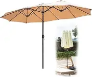 Double-Sided Patio Umbrella 13ft 15ft Large Table Umbrella Twin Triple Rectangle Umbrella with Crank Handle Pool Umbrella(Khaki,380x200cm)