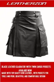 Men Genuine Leather Pleated KILT Gladiator style Twin Cargo Pockets Flat Front
