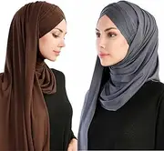 [Rayiisuy] Women 2PCS Set Jersey Hijab Lightweight Soft Solid Color Instant Hijab Shawls and Wraps Muslim Stretch Head Scarf