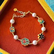 [BOSUGE] Exquisite Bracelet,Bracelet， Fish Bracelet Old Gold Same Ancient Silver Enamel Pearl Multi-Treasure Bracelet Ethnic Jewelry-White (Color : White)