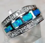 Australian Opal Inlay & White Topaz 925 Solid Sterling Silver Ring Sz 8 BP663