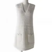 CHANEL Sleeveless V-Neck Knit Dress Coco Mark Buttons 21B P71387 Ivory Lamé 38