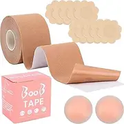 [CTDMJ] Breast Tape, Adhesive Bra Push Up Large Boob Tape, Breast Boob Tape, Breast Tightening Band with 5 Pairs of Nipple Covers and 1 Pair Reusable Silicone for Backless Dress (5 m x 5 cm), beige, 36B