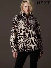 Animal Print Leopard Teddy Borg Cosy Longline Quarter Zip Fleece (N77951) | $60