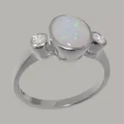 Solid 14k White Gold Natural Opal & Cubic Zirconia Womens Trilogy Ring
