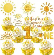 Weecent 48 Pcs First Trip Around The Sun Cake Topper, Sunshine Cupcake Toppers Sun Cupcake Toppers 1st Birthday Decorations for Girls 1st Trip Around The Sun Birthday Party Supplies