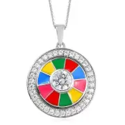 LUSTRO STELLA CZ Multi Color Enameled Flower Pendant Necklace 20 In SS 3.50 ctw