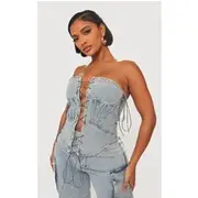 Shape Light Blue Wash Denim Lace Up Front Corset, Light Blue Wash