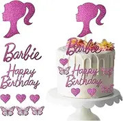 Barbie Happy Birthday Cake Toppers Set - Glitter Card Decorations with Barbie Head, Happy Birthday Sign, Bamboo Stick, and More - Made in the UK - 9-Piece Bundle for a Magical Barbie Celebration