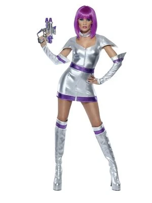 Smiffys Fever Space Cadet Costume, Silver Metallic with Dress, Belt, Arm Cuffs a