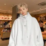 Stand Collar Mock Two-Piece Plain Star Accent Hoodie White - L