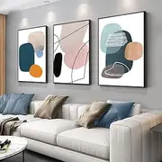 [MPLONG] Wall Art 3 Pieces Of Framed Decorative Paintings Abstract Simple Orange White Blue And Other Color Blocks Wall Art Canvas Prints Wall Decor Gifts Size 16" x 24" x 3 Panels