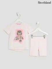 River Island Pink Girls Sequin Bear Shorts Set (H54121) | $32