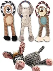 Homodoskey Squeaky Dog Toys, 4 Pack Puppy Chew Toys, Interactive Durable Dog Toys for Small Medium Dogs Breed, Stuffed Dog Toys with Rope,Outdoor Puppy Chew Toys for Teething
