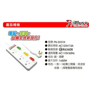 iPlus+ 保護傘 延長線3座3切3孔 1650W 15A 台灣製II雙認證PU-3331H 2.7M 4.5M