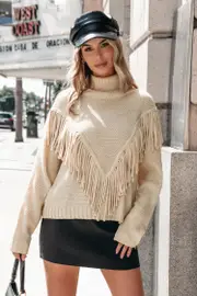 Cupshe Apricot Fringe Long Sleeve Turtleneck Sweater - Apricot,L