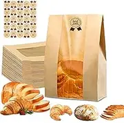 50 Pcs Paper Bread Bags for Homemade Bread,Sourdough Bread Bags and Paper Bakery Bag with Window,Large Kraft Front Window Bakery Bags,Packaging Coffee Cookie Treat Bags Label Seal Stickers,Kraft Paper