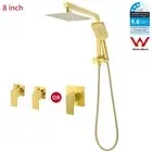 Brushed Gold Square Rain Shower Head 2 In 1 Gooseneck Arm Shower Set Mixer Taps