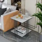 2-Tier Marble Sofa Side Table Coffee Table Modern Square Black Metal Frame for L