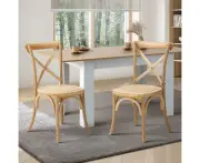 Set of Two Aris Vintage Wooden Rattan Crossback Dining Chairs | Stylish Retro Wooden Kitchen Dining Chairs - Wood