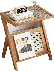 Z-Shaped End Table with Glass Top & Magazine Rack, Portable Bamboo Side Table, Wooden End Table, Suitable for Small Space Living Room Bedroom (45 * 37 * 56 CM)