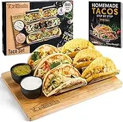 Tortillada - Taco Holders Set of 2 / Taco Holder Shell Stainless Steel with Wooden Serving Tray incl. 2 Ceramic Dip Bowls + Recipe Book