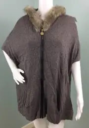 NWT Women's Anne Klein Hooded Zip Up Faux Leather Trim Poncho Sweater Sz Large