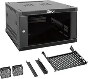 Tecmojo 6U Wall Mount Rack,17.7 Inch Depth Enclosed Wall Mount Rack Kit Includes 1U Shelf,L-Shaped Bracket, 2XCooling Fan, Lockable Door & Hardware, 6U Rack for 19 Inch Equipments, Glass Door