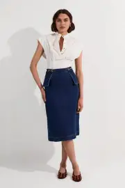 Stretch Denim Snaffle Trim Midi Skirt