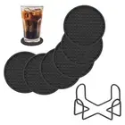 6 Pcs Round Drink Coasters with Holder, 4" Silicone Coaster, Black(Pentagon)