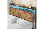 Advwin Double Size Storage Headboard with LED Light Charging Station Rustic Brown No Bed Frame
