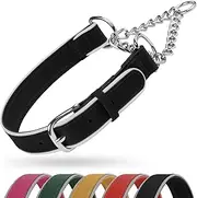 OOPSDOGGY Reflective Leather Martingale Dog Collar - Adjustable No Pull Stainless Steel Chain Training Collar for Small Medium Large Dogs Puppy (Black, Medium, 15"-19")