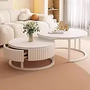 Modern White Round Coffee Table Set with Storage Drawers,Sturdy Metal Frame Perfect for Living Room Decor, Versatile 2-in-1 Design