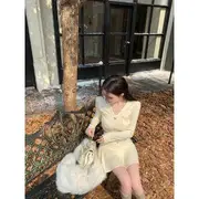 Long-Sleeve V-Neck Plain Button-Up Mini A-Line Dress / Waist Chain Dress - Beige - One Size