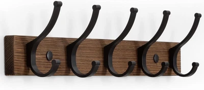 Wood Wall Mount Coat Rack with 5 Hooks for Hats, Coats, Bags – 16.5" Brown